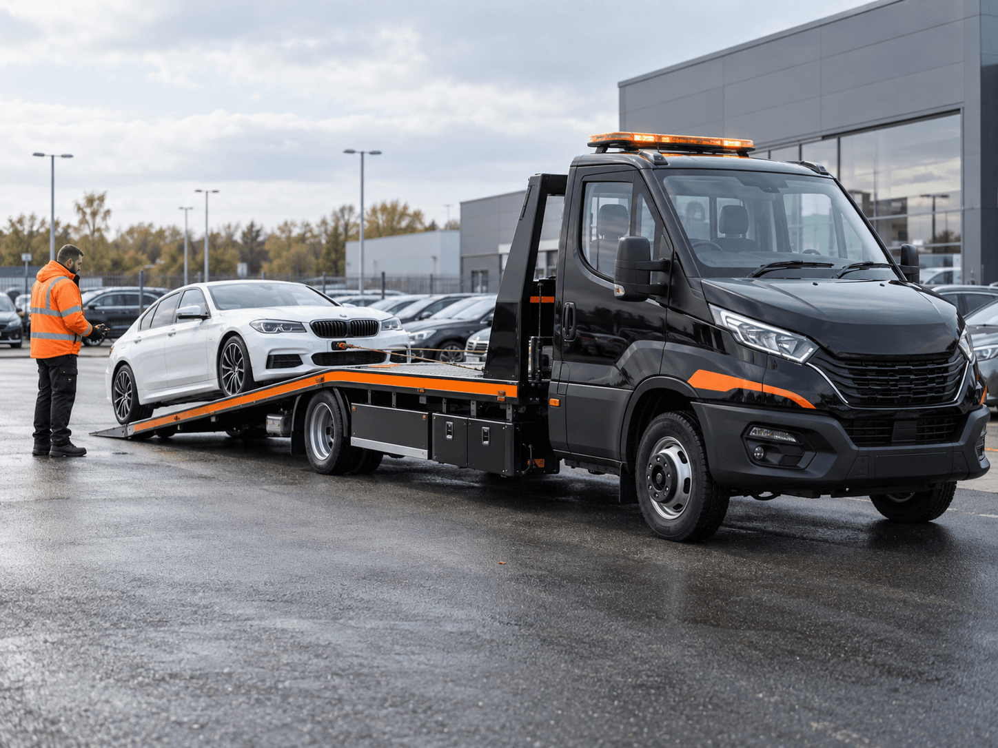 Recovery truck collecting a vehicle from a dealer site