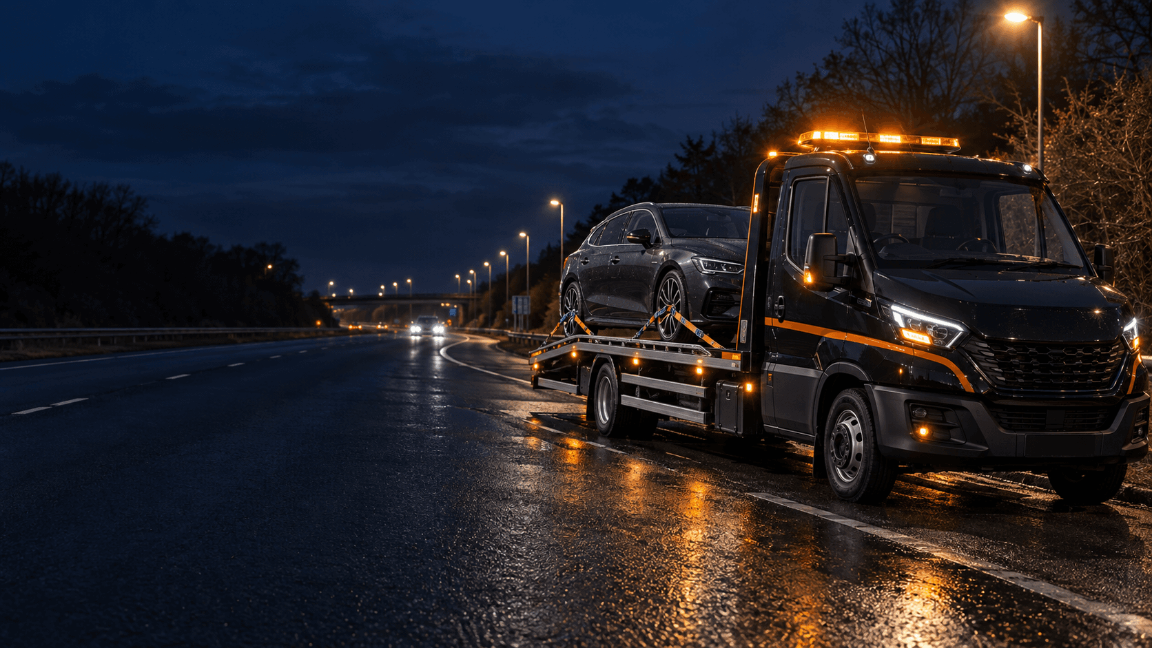 Recovery truck transporting a vehicle at night